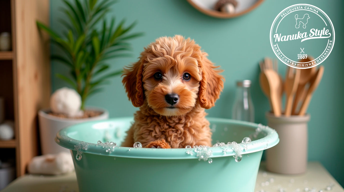 Un caniche en la peluquería canina de arroyo de la miel dándose un baño