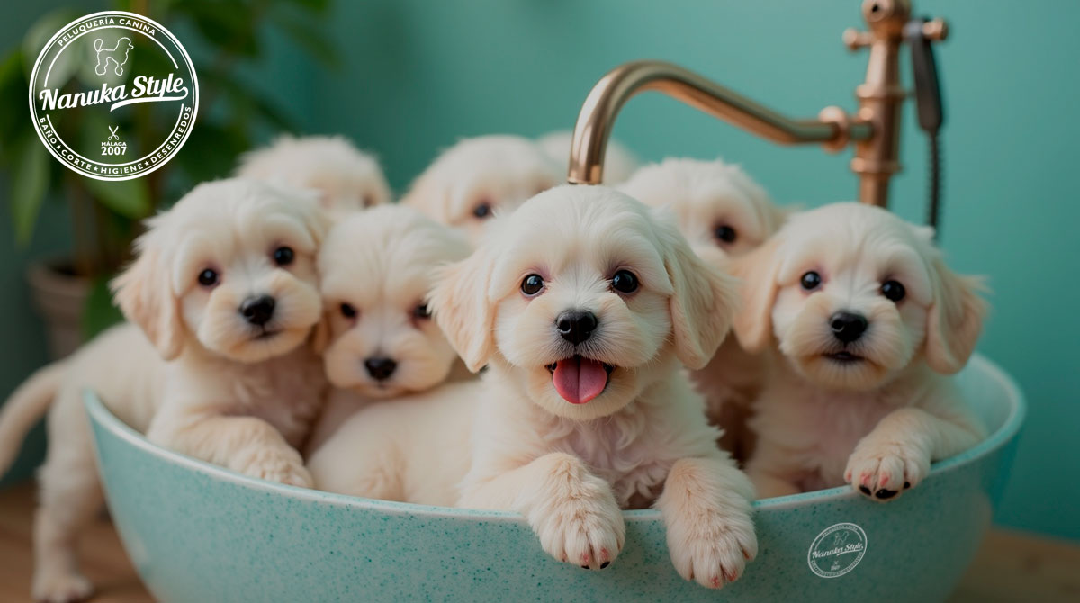 Bichón Maltés en su baño en la peluquería de Benalmádena Nanuka Style